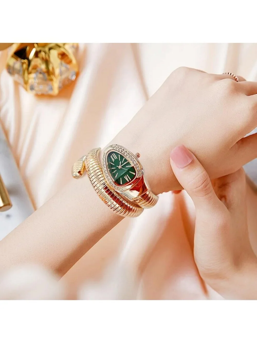 Women's Green And Gold Analog Quartz Asymmetrical Snake Shape Fit Bracelet Watch